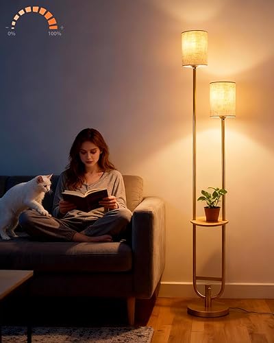 Miniatura 14 de Lightdot Lámparas de pie bohemias regulables para sala de estar, lámpara de pie de ratán de 3 luces con estantes, lámpara de pie de granja blanca