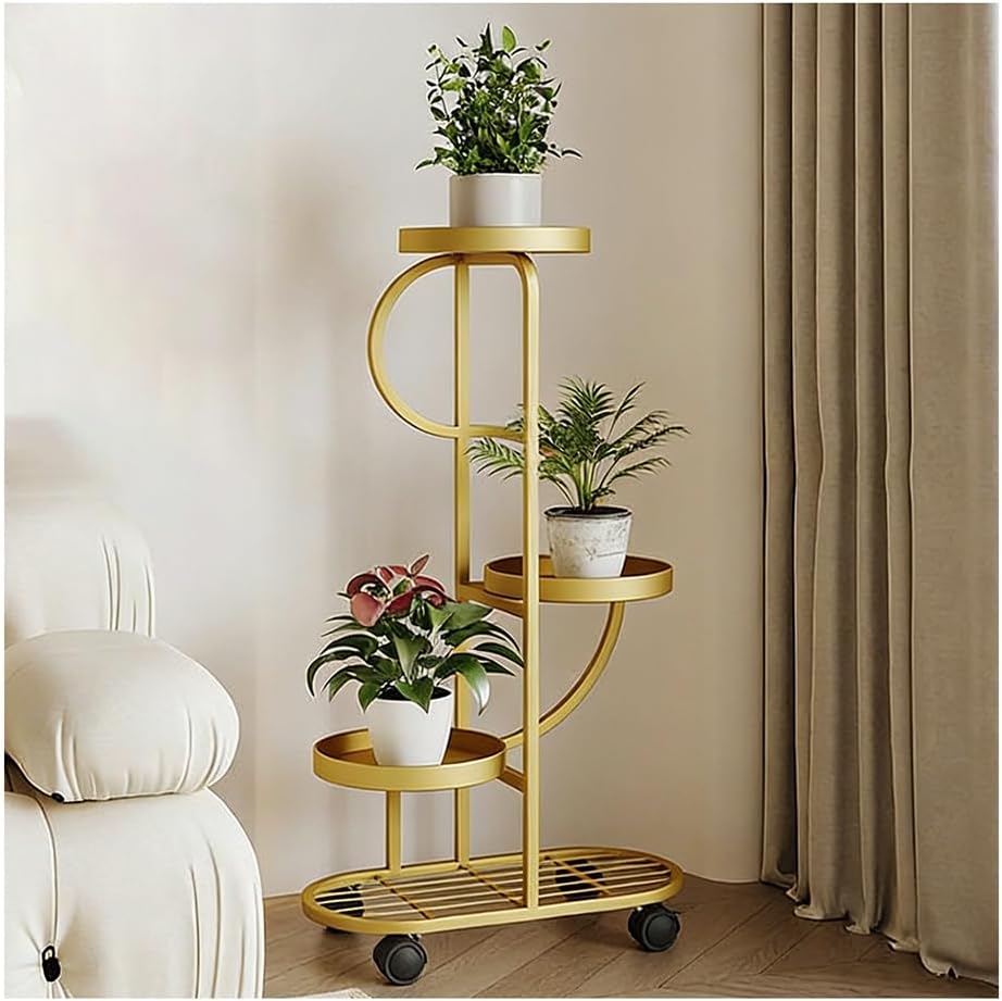 zktoermn Floor Standing Mobile Multi-Layer Plant Stand, Living Room Luxury Decorative Flower Rack, Tall Plant Shelf for Garden Balcony Patio Living Room(Gold,50x24x84cm)