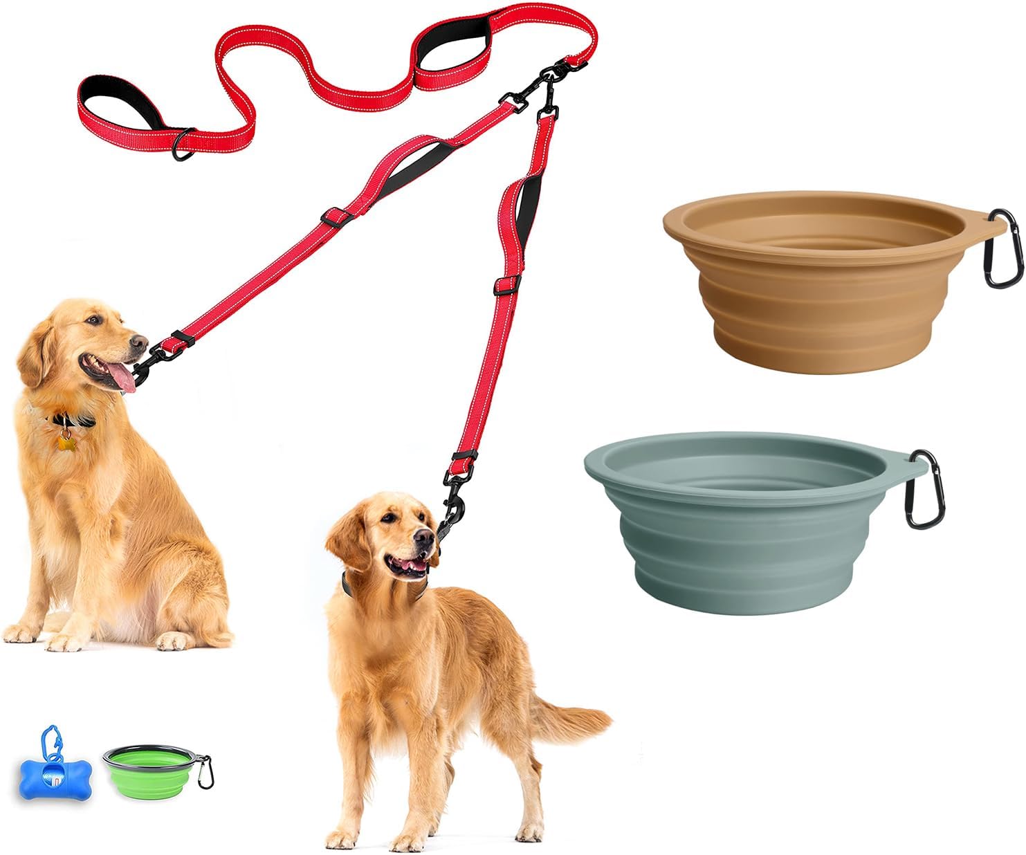 PetBonus No Tangle Double Dog Leash and 2-Pack Large Silicone Collapsible Dog Bowls