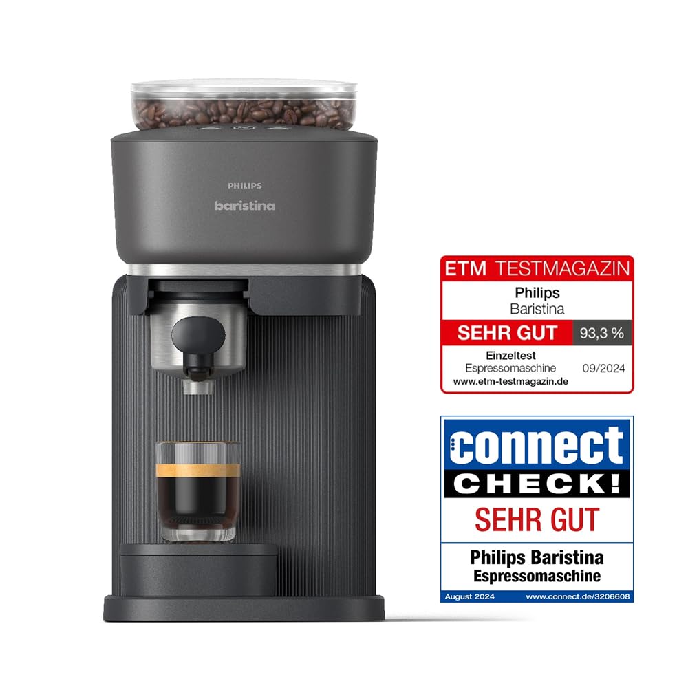 Philips Baristina Espressomaschine und Milchaufschäumer Paket –Automatisches Mahlen, Tampen & Brühen, 16 Bar, Kaffeemaschine mit Mahlwerk & Siebträger, leichte Reinigung, Schwarzgrau (BAR308/60)