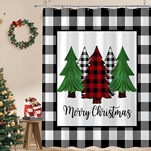 BIVINAR Buffalo Plaid Christmas Shower Curtain, Black and White Merry Christmas Tree Rustic Farmhouse Winter Bathroom Shower Curtain with Hooks, 72 x 72 Inch