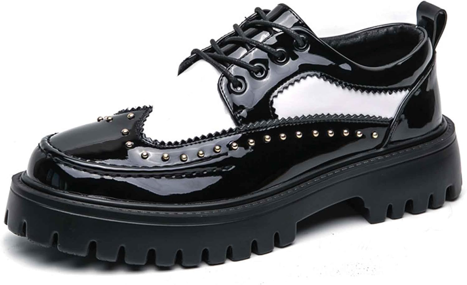 Men's Patent Leather Platform Lace Up Oxfords Classic Round Toe Non-Slip Lug Sole Derby Shoes Business Casual Block Heel Dress Shoes