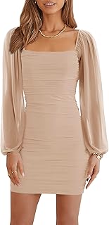 Women's Mesh Long Sleeve Square Neck Ruched Party Club Cocktail Bodycon Mini Dress