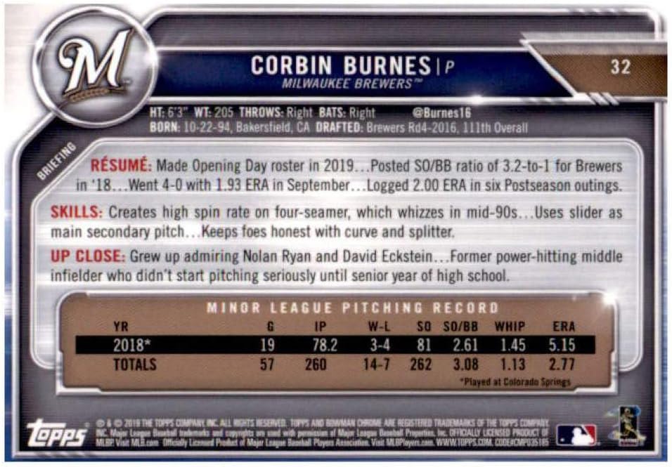2019 Bowman Chrome #32 Corbin Burnes Milwaukee Brewers Rookie Baseball Card