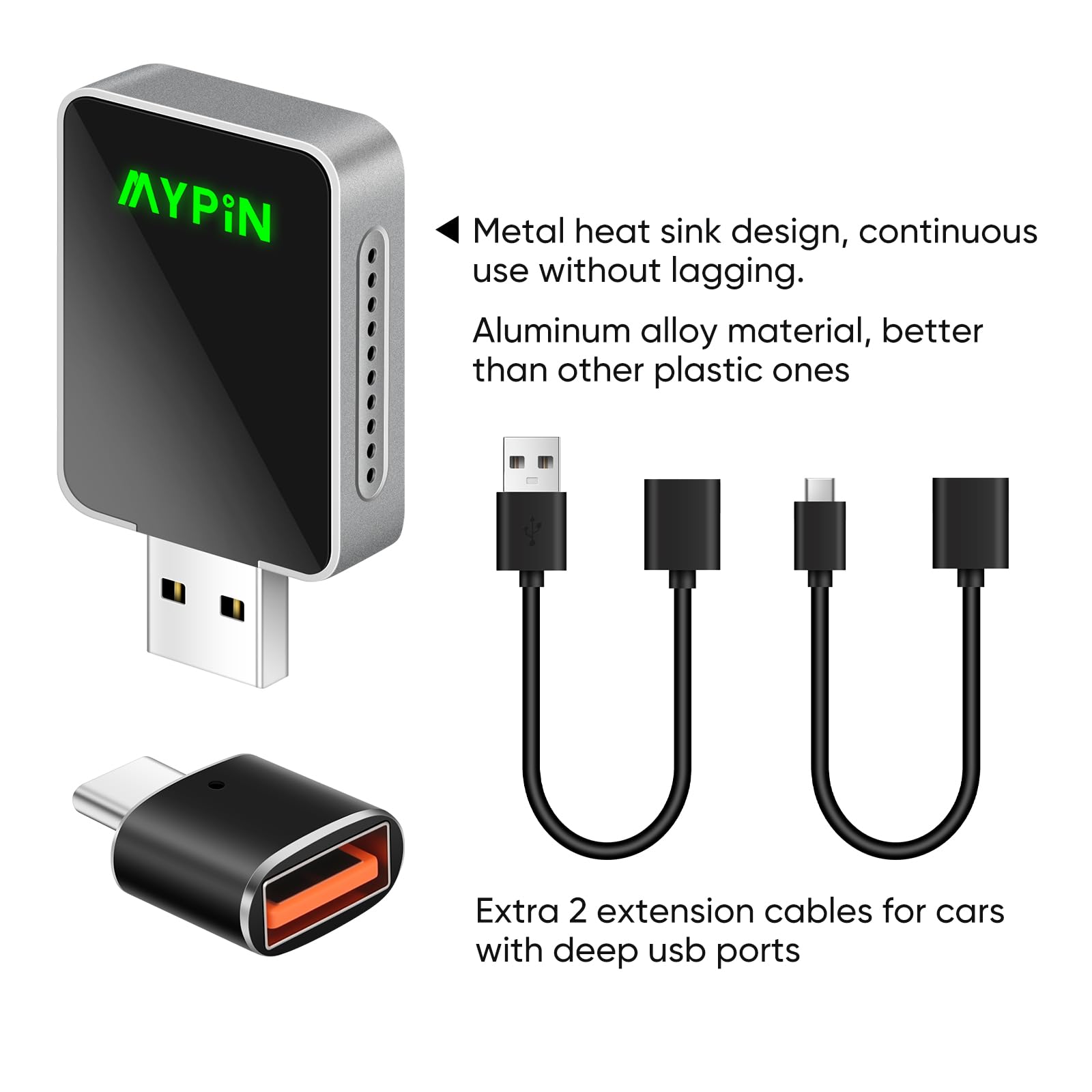 MYPIN Bezprzewodowy adapter 2 w 1 do CarPlay/Android Auto, stabilne połączenie i brak opóźnień, adapter CarPlay z przedłużaczem USB A/C, kompatybilny z iPhone/Android, czarny