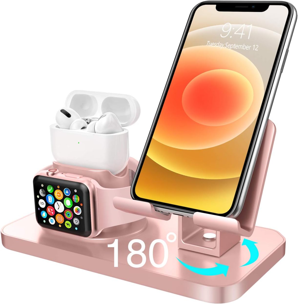 BENTOBEN 3 in 1 Charging Stand for Apple Watch Series 5/4/3/2/1, Airpods Pro 2019 2/1, Compatible with iPhone 12 11 XS MAX XR XS 8 7 6 6S Plus 5S, iPad Tablet Stand(Original Cable Required), Rose Gold