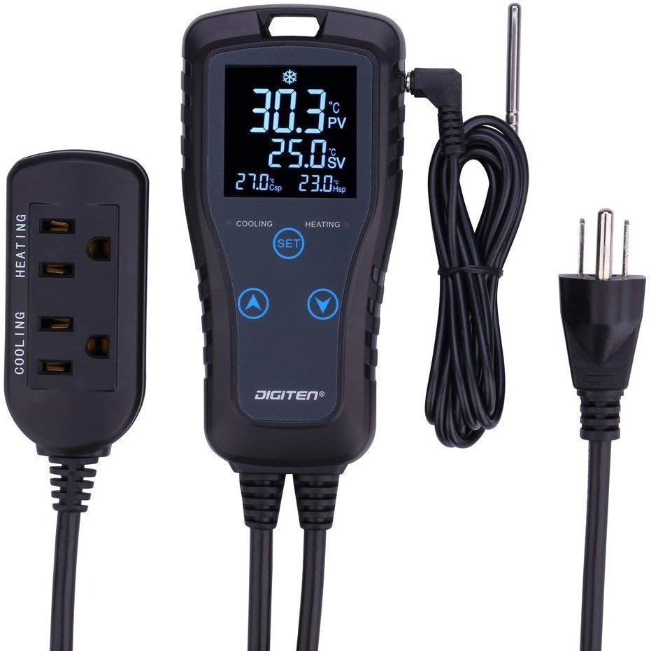 DIGITEN DTC102 Digital Programmable Thermostat Outlet 2-Stage Plug-in Thermometer Pre-Wired Heating & Cooling Temperature Controller for Fermentation Seed Germination Reptiles Brewing Greenhouse