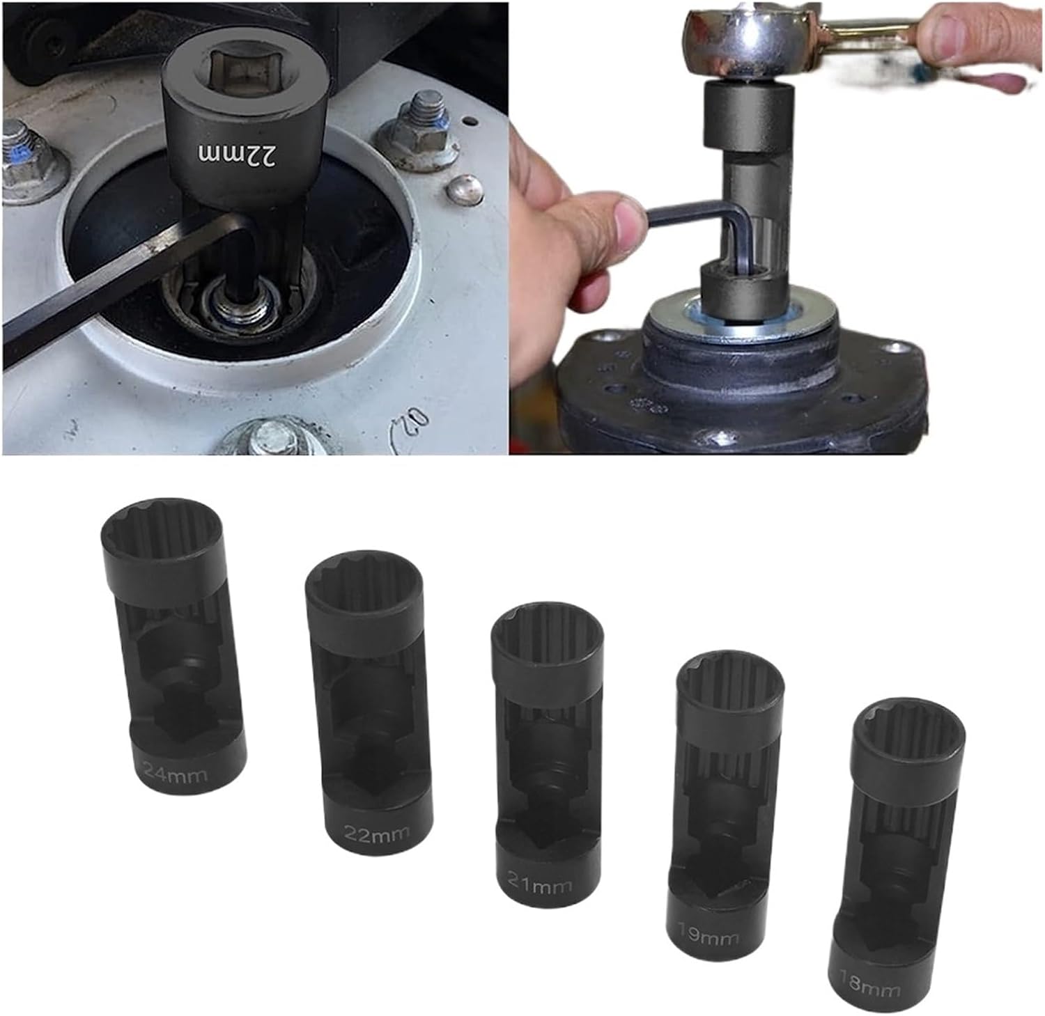 BUILDRA Nut Removal Socket 5PCS 1/2" Drive Suspension Shock Tool Strut Nut Socket Set Car Repair 18MM 19MM 21MM 22MM 24MM