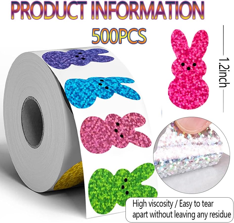 500PCS Easter Stickers Roll 8 Colors Spring Easter Bunny Stickers 1.2in Holographic Self-Adhesive Decorative Label Rabbit Sticker for Envelopes Scrapbook Holiday Party Decorations Supplies