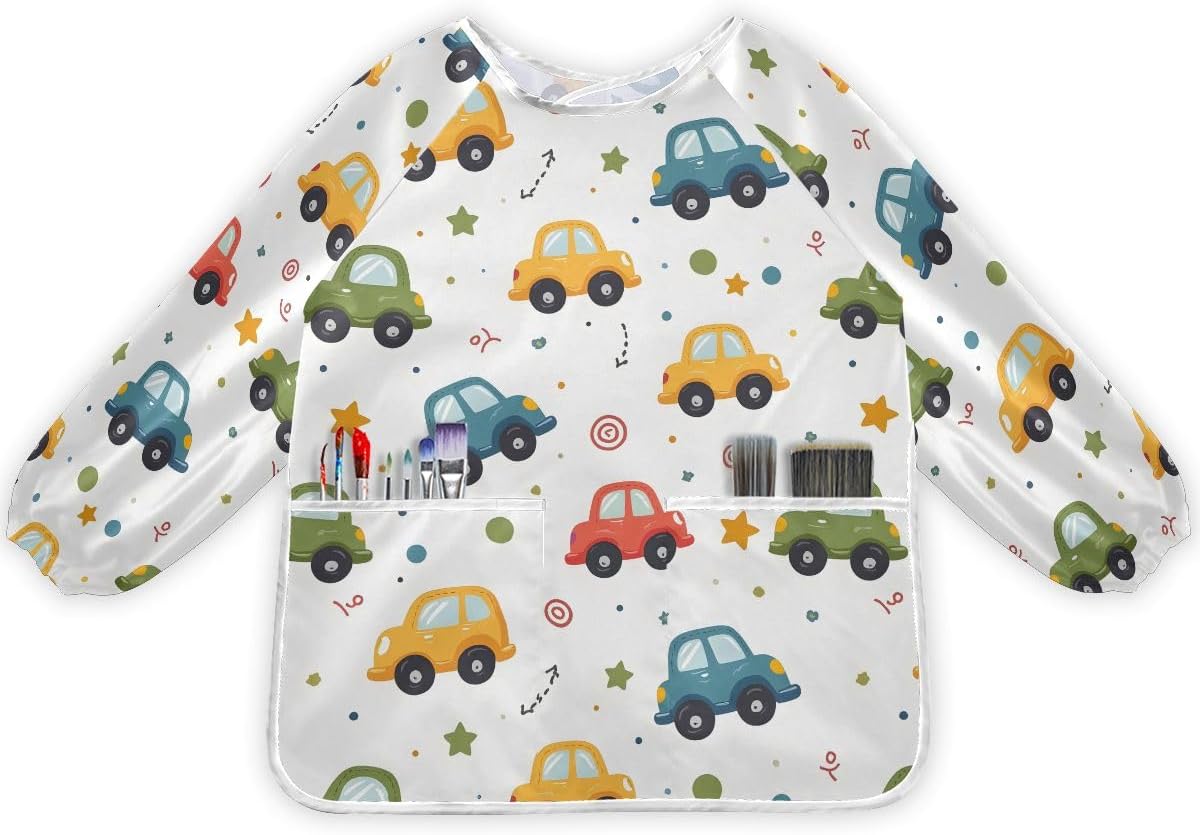 Bolaz Painting Smocks for Kids 2-4 Art Smocks Eating with Pockets Car Childish Truck Waterproof Toddler Infant Children Apron