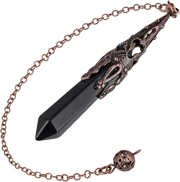 Nupuyai Vintage Obsidian Crystal Point Dowsing Pendulum for Healing Divination Scrying, Hexagonal Gemstone Pendant Pendulum with Chain