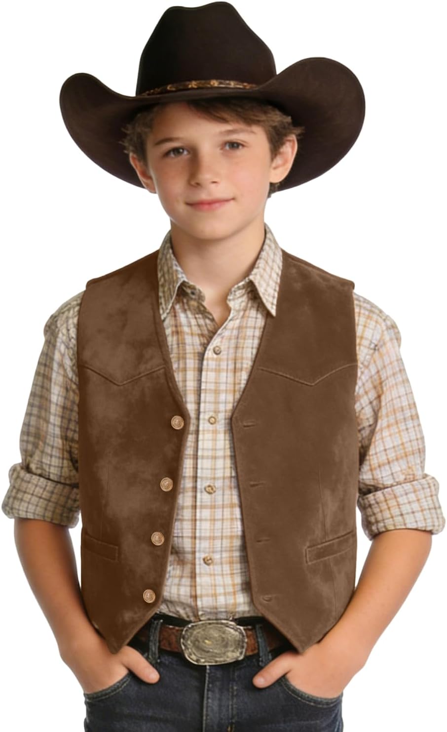 Bakerbear Western Boys Suede Casual Vest for Kid Cowboy Leather Waistcoat | retro vintage classic style, sleeveless, exquisite button, welt pockets, wedding outfit, birthday party christmas farm