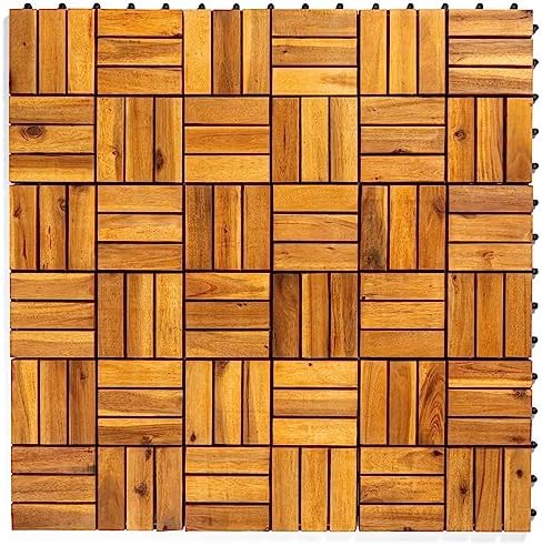 YAMAZING 12”x12” Solid Wood Interlocking Flooring Tiles (Pack of 9), Acacia Hardwood Deck Tiles,Floor Tile for Both Indoor & Outdoor Use, Patio Garden, Waterproof All Weather (9 Sq Ft)