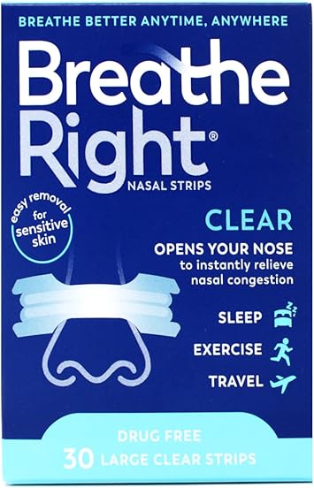 Breathe Right Nasal Strips for Sensitive Skin, Large, Clear, 30 Strips