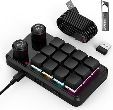 Macro Pad Macropad Programmable Keypad Customized 12-Key Mini Mechanical Gaming One Handed Keyboard RGB OSU Micro Keyboard Knob Wireless Receiver&Type C 1m CableUpdate Software in USB Drive,Black