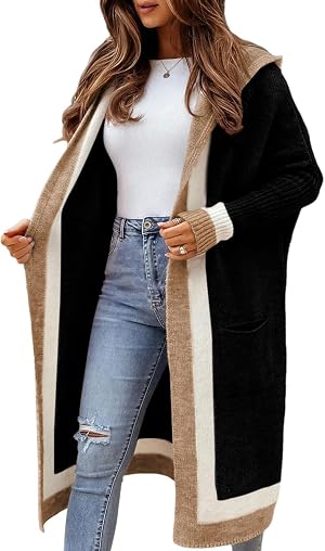 yoeasy Womens Color Block Striped Hooded Knit Long Cardigan Sweaters Oversized Open Front Long Sleeve Outwear Coat