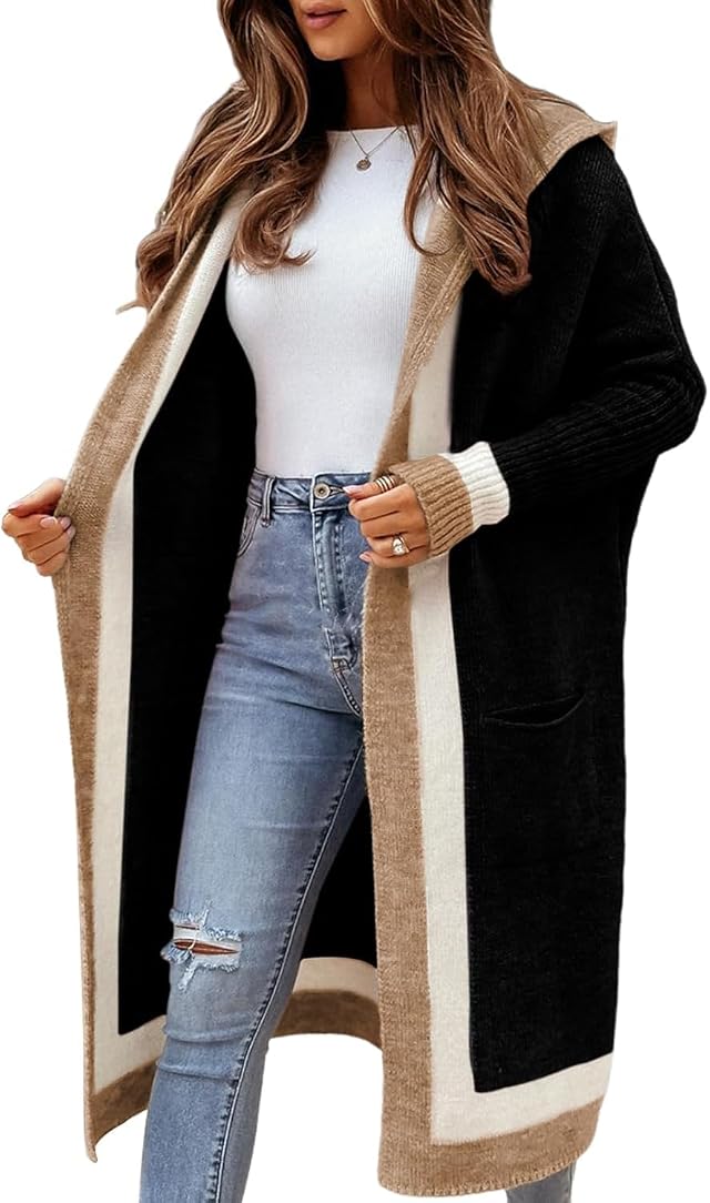 yoeasy Womens Color Block Striped Hooded Knit Long Cardigan Sweaters Oversized Open Front Long Sleeve Outwear Coat