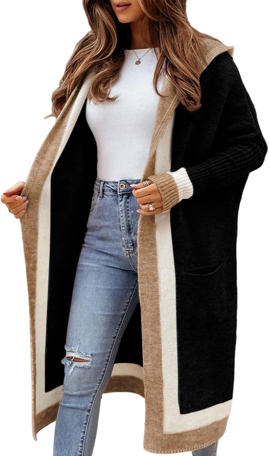 yoeasy Womens Color Block Striped Hooded Knit Long Cardigan Sweaters Oversized Open Front Long Sleeve Outwear Coat