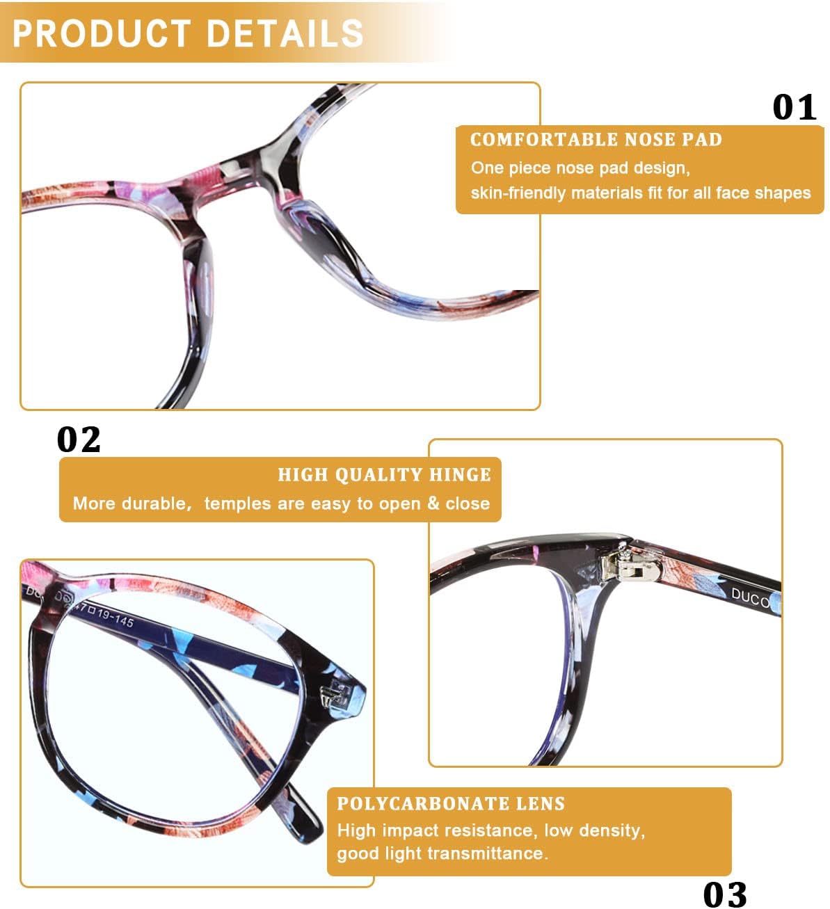 Taraf view of DUCO DC5206 blue light blocking glasses