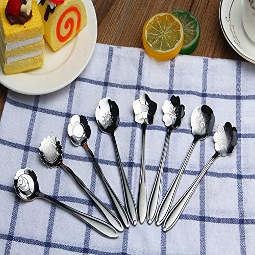 ERCENTURY Stainless Steel Tableware Flower Coffee Spoon, Tea Spoon, 8 Patterns (Silvery)