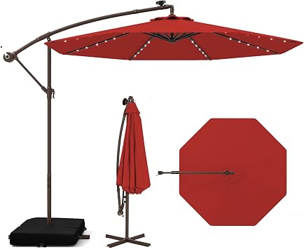 Tangkula 10FT Offset Patio Umbrella with Base Included, Outdoor Cantilever Umbrella with 40 Solar LED Lights, Tilt Adjustment, Crank Handle, Vented Top, Sand Bags for Pool Yard Deck Burgundy