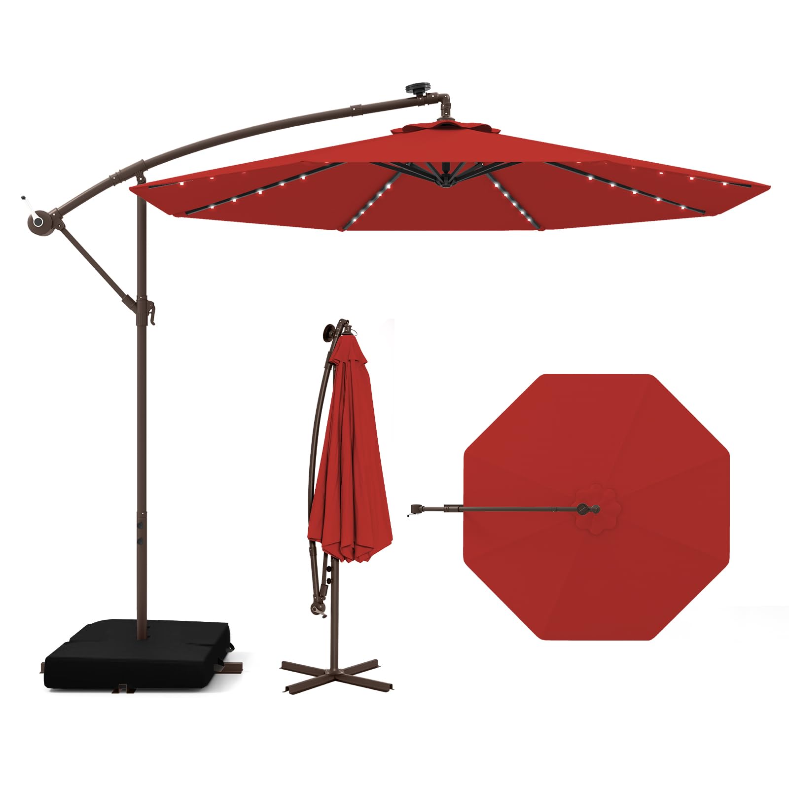 Tangkula 10FT Offset Patio Umbrella in Burgundy color, fully open next to a swimming pool with outdoor seating.