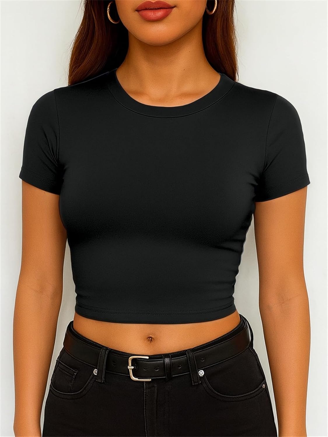 ForeFair Women's Casual Going Out Crop Tops Crew Neck Slim Fit Short Sleeve Basic Tight T Shirts - Image 5