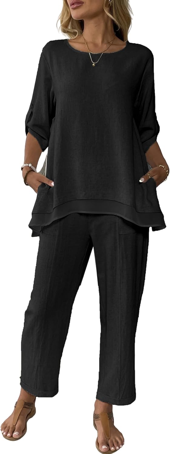 Women's Linen 2 Piece Outfits Rolled Sleeves Tops Wide Leg Trouser Pants Suits Summer Casual Dressy Linen Sets