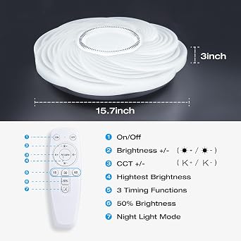 OOWOLF LED Ceiling Light, Dimmable 3000K- 6500K Round Ceiling Lights, 40W Remote Control Ceiling Lamp, Memory & Timing Function, Night Light Mode, for Indoor Living Room (White 5-3000-6500K) [Energy Class E]