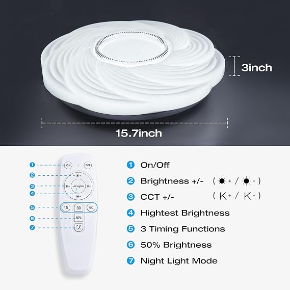 OOWOLF LED Ceiling Light, Dimmable 3000K- 6500K Round Ceiling Lights, 40W Remote Control Ceiling Lamp, Memory & Timing Function, Night Light Mode, for Indoor Living Room (White 5-3000-6500K) [Energy Class E]