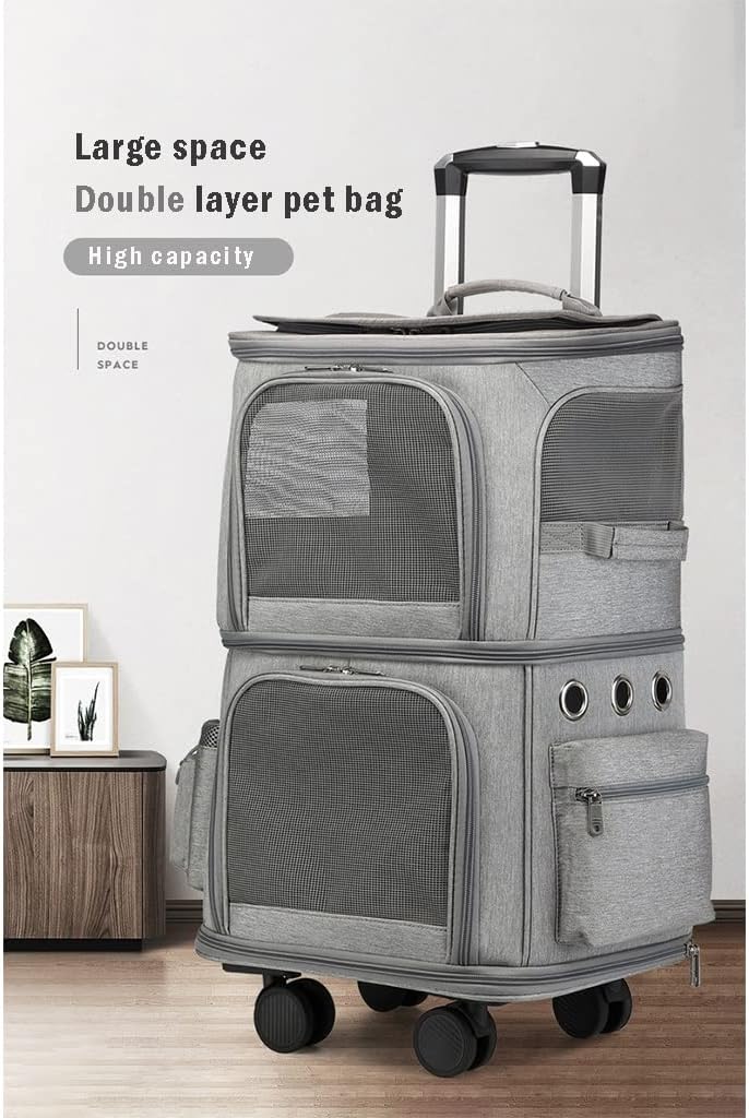KITCISSL Double Layer Dog Pram Cat Strollers for 2 Cats, Pet Cat Dog Travel Carrier with Wheels, Cat Bag Portable Outdoor Pet Pushchair Folding Soft Sided Carriage for Puppy, Rabbits(Gray A)