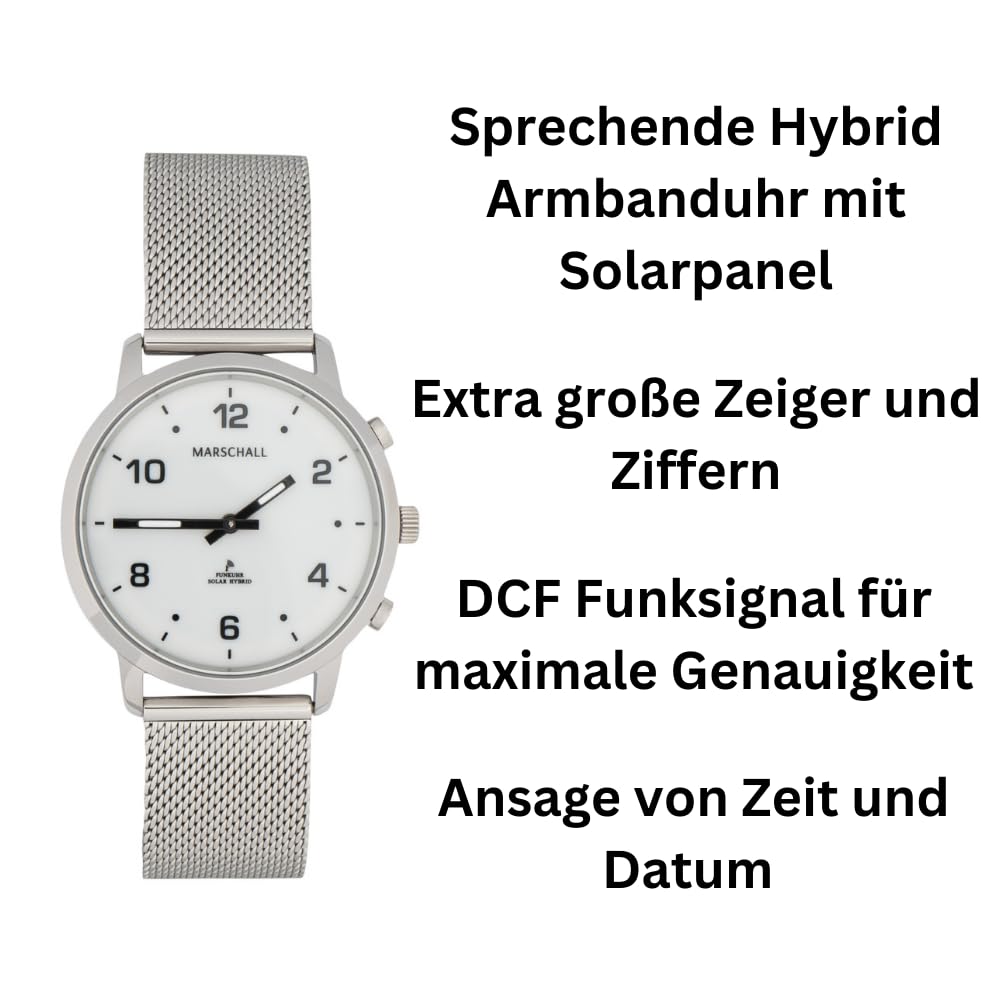Marschall Deutsch sprechende Unisex Armbanduhr I Mit Soloarpanel I 1150W I Für Blinde, Senioren und Demenzkranke I Datum- und Zeitansage