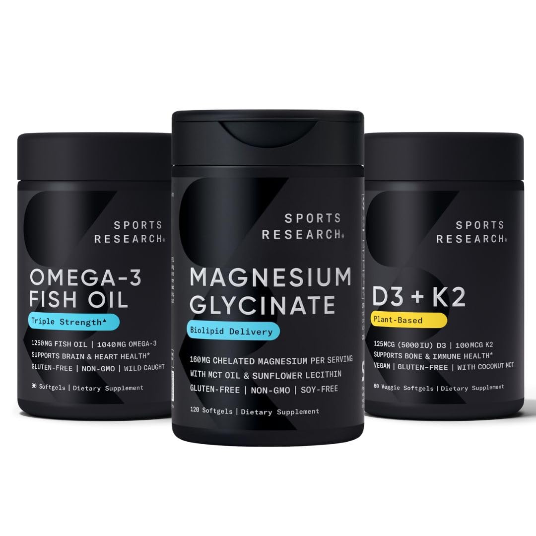Sports ResearchMultivitamins Pack - Magnesium Glycinate + Omega 3 Fish Oil + Vitamin D3 K2 5000iu