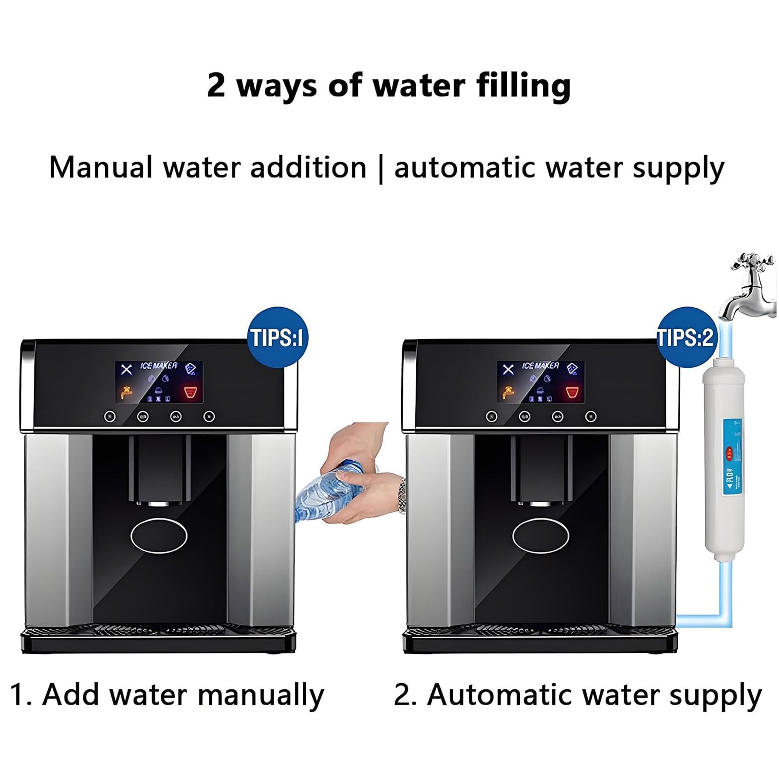 Macchina Fabbricatore di Ghiaccio 2 in 1 da Banco, Fabbricatore Commerciale di Cubetti di Ghiaccio Trasparenti, 15 Kg/24h, 3 Formati di Ghiaccio A Pallottola, 2 Metodi di Ingresso dell'Acqua