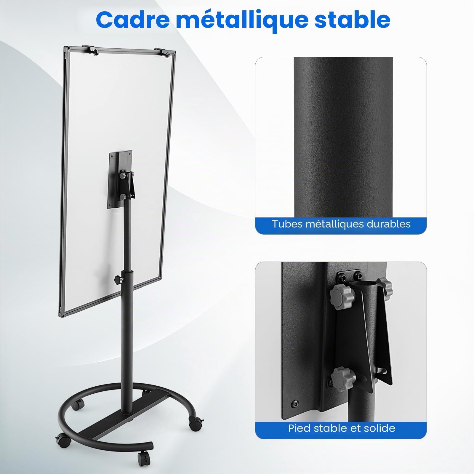 FANTASK Tableau blanc mobile, 100 x 65 cm, à rabat, sur roulettes, effaçable à sec, réglable en hauteur jusqu'à 192 cm, magnétique, support avec marqueurs, aimants, support rond et gomme