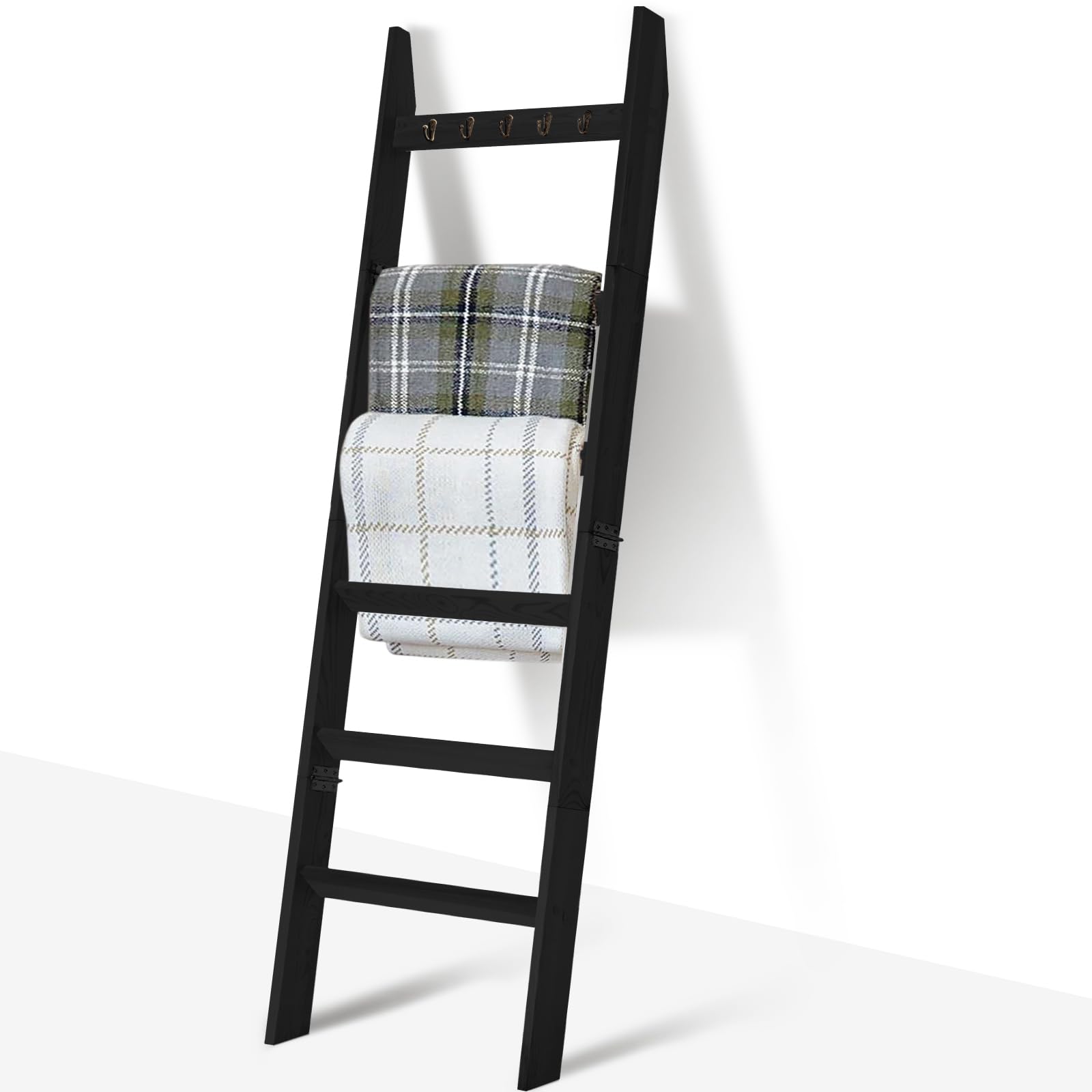 TEAKMAMA 6-Tier Blanket Ladder for Living Room and Bedroom,5.4 Ft Wall Leaning Quilt Rack with Hooks,Rustic Decorative Farmhouse Blanket Storage,Stylish Ladder Holder,Christmas Decorations,Black
