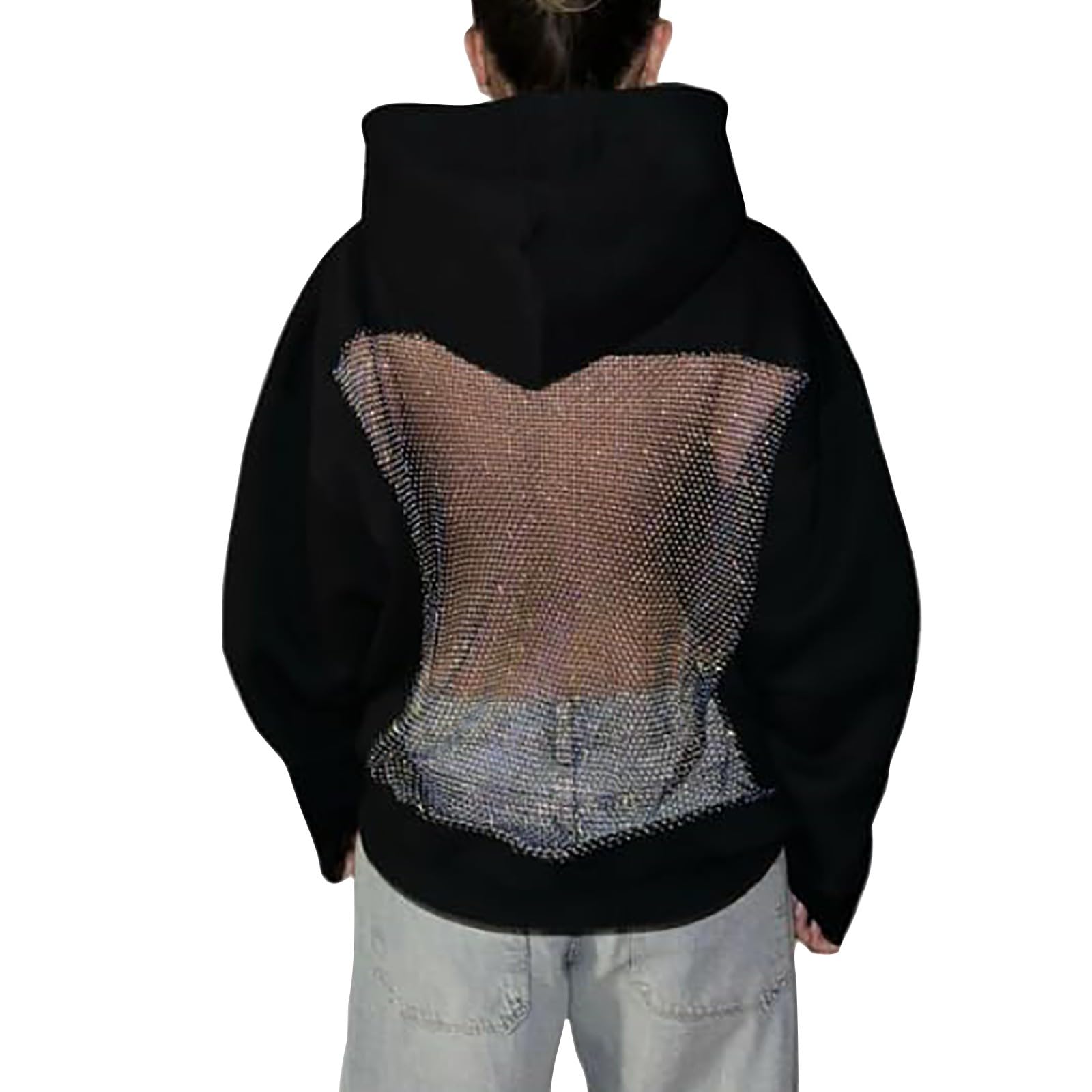 Sweat à Capuche pour Femme - Mesh Creuse - Paillettes - Sexy - Transparent - Dos Nu - avec Poches - Couleur Unie - Manches Longues Automne Hiver Décontracté Hoodie