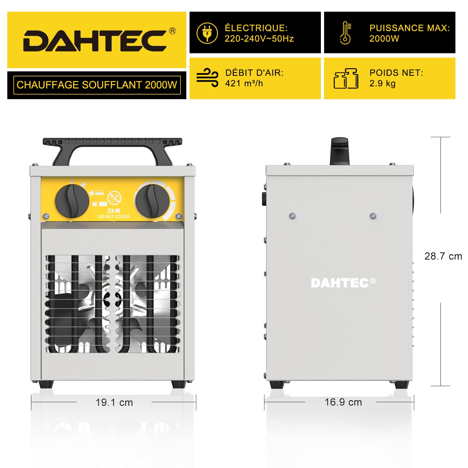 Industriel Chauffage électrique 2000W Renforcé - Carcasse Acier - Portatifs pour Chantiers - Chauffage Soufflant - Thermostat & Protection Surchauffe - Idéal Chantier/Garage/Serre Agricole