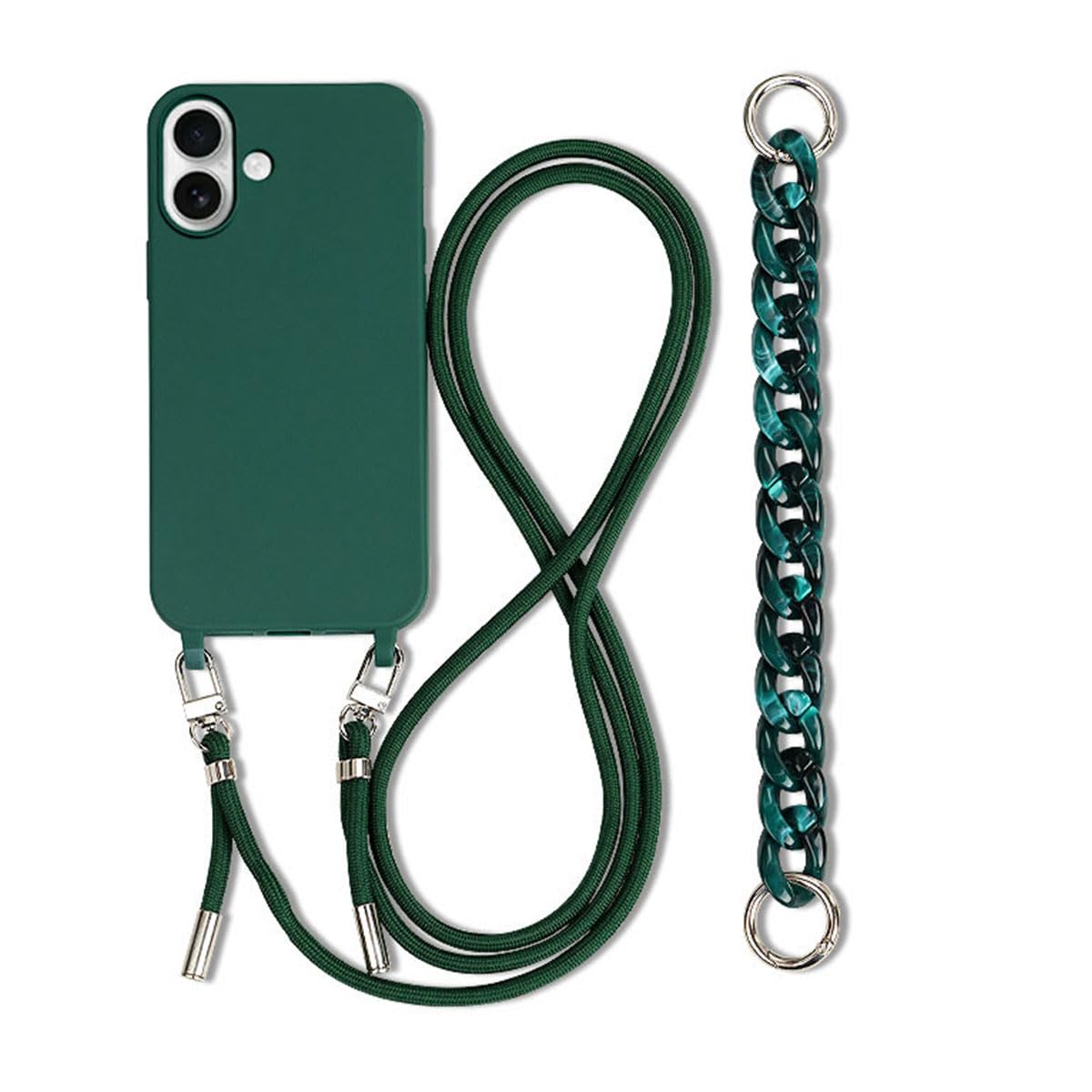 Galful Handykette iPhone 16 Hülle mit Armband,Necklace Handyhülle iPhone 16 Case mit Band Schutzhülle zum Umhängen Kordel Verstellbarer Nylon Halskette Silikon Case Cover-Dunkelgrün