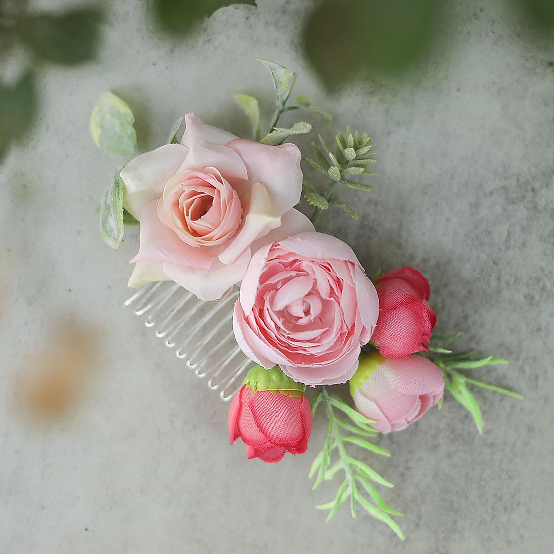 Amazon.com : Fangsen Boho Pink Rose Buds Flowers Comb With  display picture 3