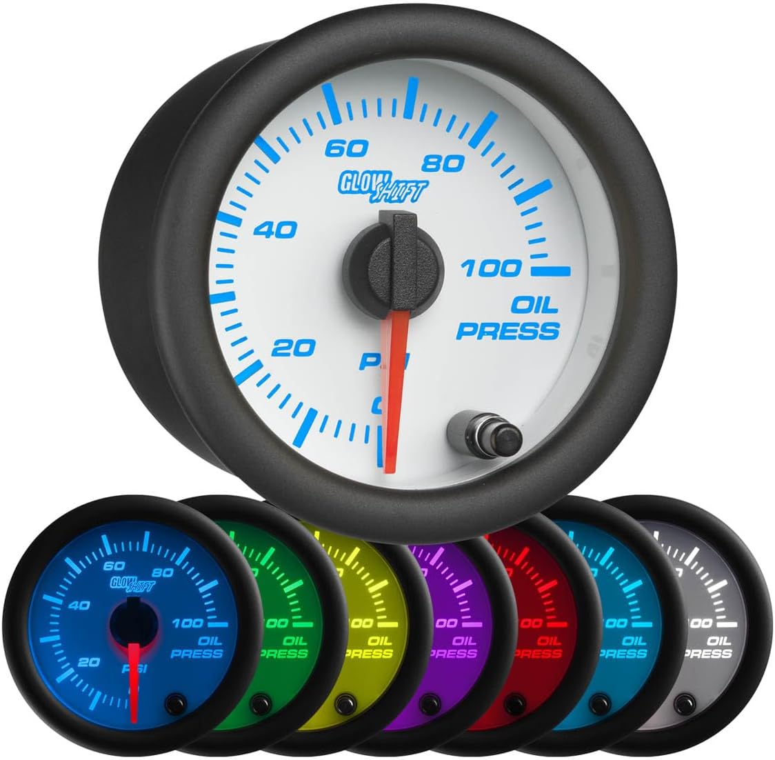 GlowShift White 7 Color 100 PSI Oil Pressure Gauge Kit - Includes 1/8-27 NPT Electronic Sensor & Wiring - Multi-Color Display - White Dial - Clear Lens - for Car & Truck - 2-1/16" 52mm