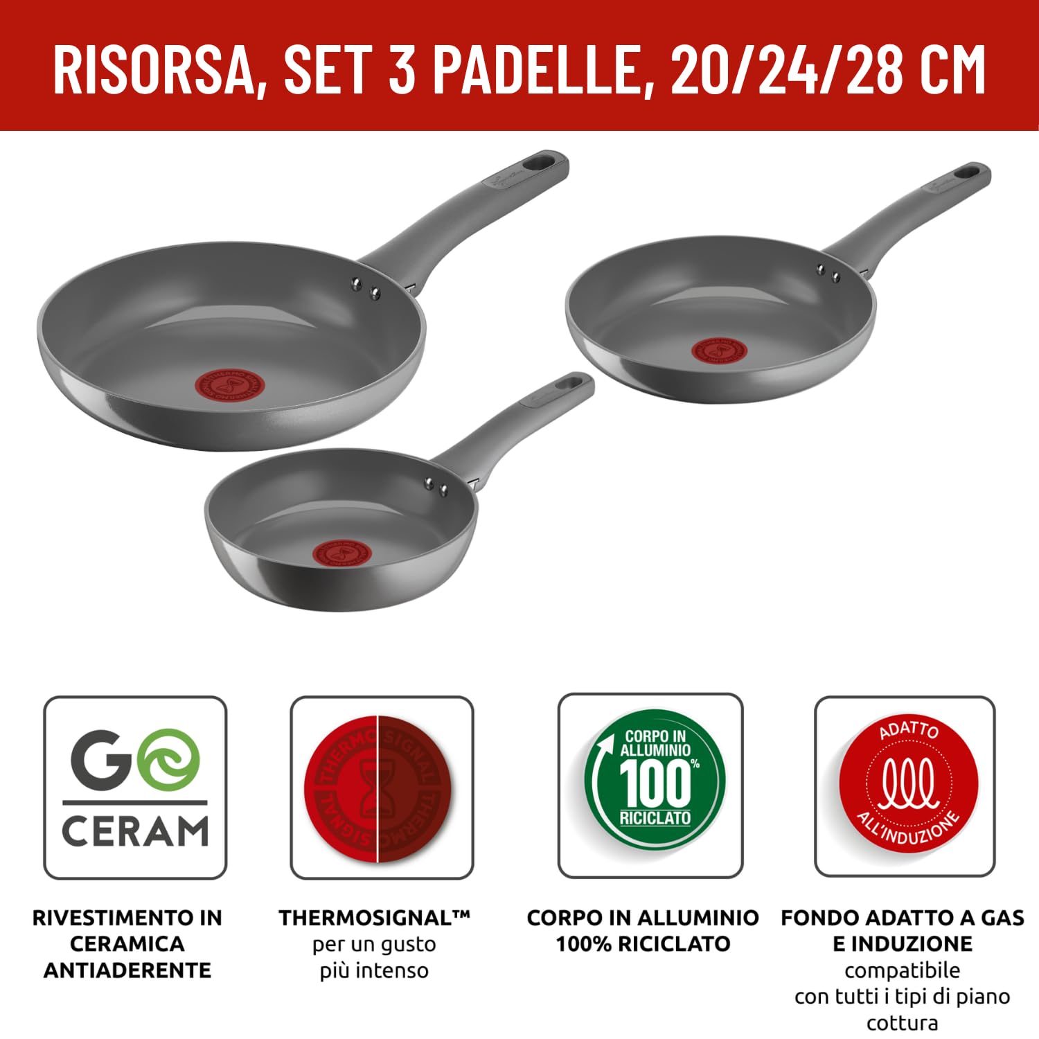 Lagostina Risorsa, Set Padelle Antiaderenti, 3 Padelle 20, 24 e 28 cm con Rivestimento in Ceramica, Padelle Antiaderenti Compatibili con Gas e Induzione, Tecnologia Thermosignal, Cottura Senza Grassi