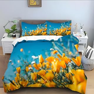 phonxia Yellow Print Duvet Cover Set Double Size Printed Double Duvet Cover Sets 3 pcs with Zipper Closure 2 Pillowcases Soft Hypoallergenic Microfiber Quilt Cover Bedding Sets 200 x 200 cm