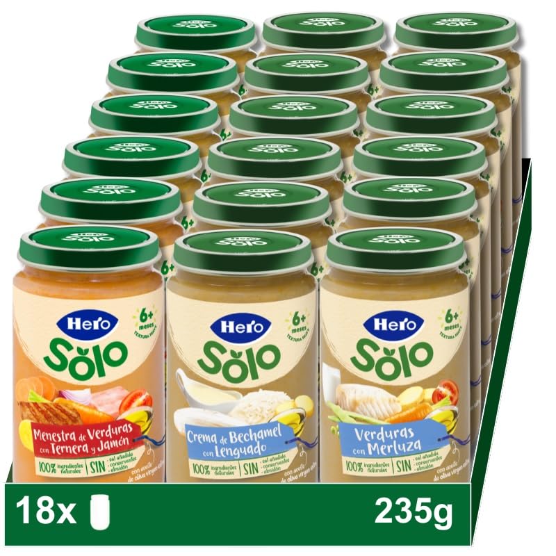 Hero Baby Caja Mixta Tarritos de Carne y Pescado, Verduritas con Merluza, Bechamel con Lenguado y Menestra con Ternera y Jamón, Sin Aceite de Palma, 100% Natural, Desde los 6 Meses, Pack de 18x235 gr