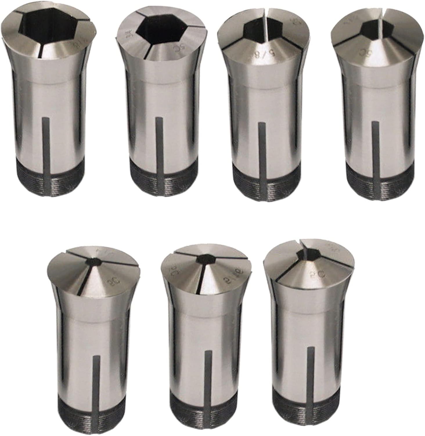 7-Pack 5C Hex Collet Set for Lathe, Tool Steel, 0.875 Inches, 1-1/8" - 10 UNC, 7/8 Inch Capacity, Keyed, Manual, Independent Lock