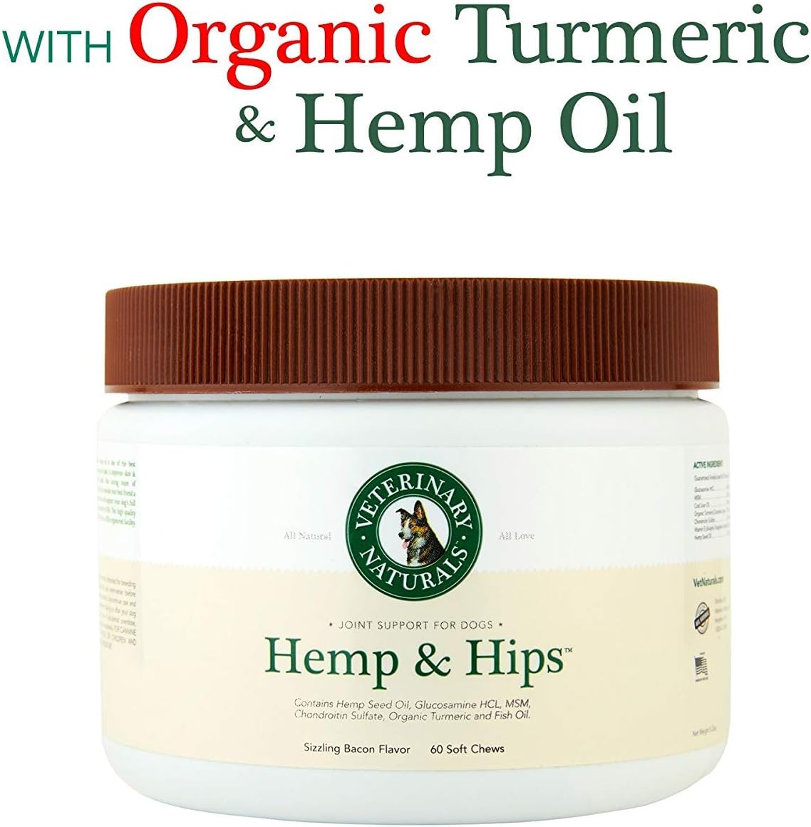 Veterinary Naturals Hemp & Hips 60 Soft Chews Joint Supplement for Dogs – Hemp Oil, Turmeric and Glucosamine for Dogs - Joint Support…