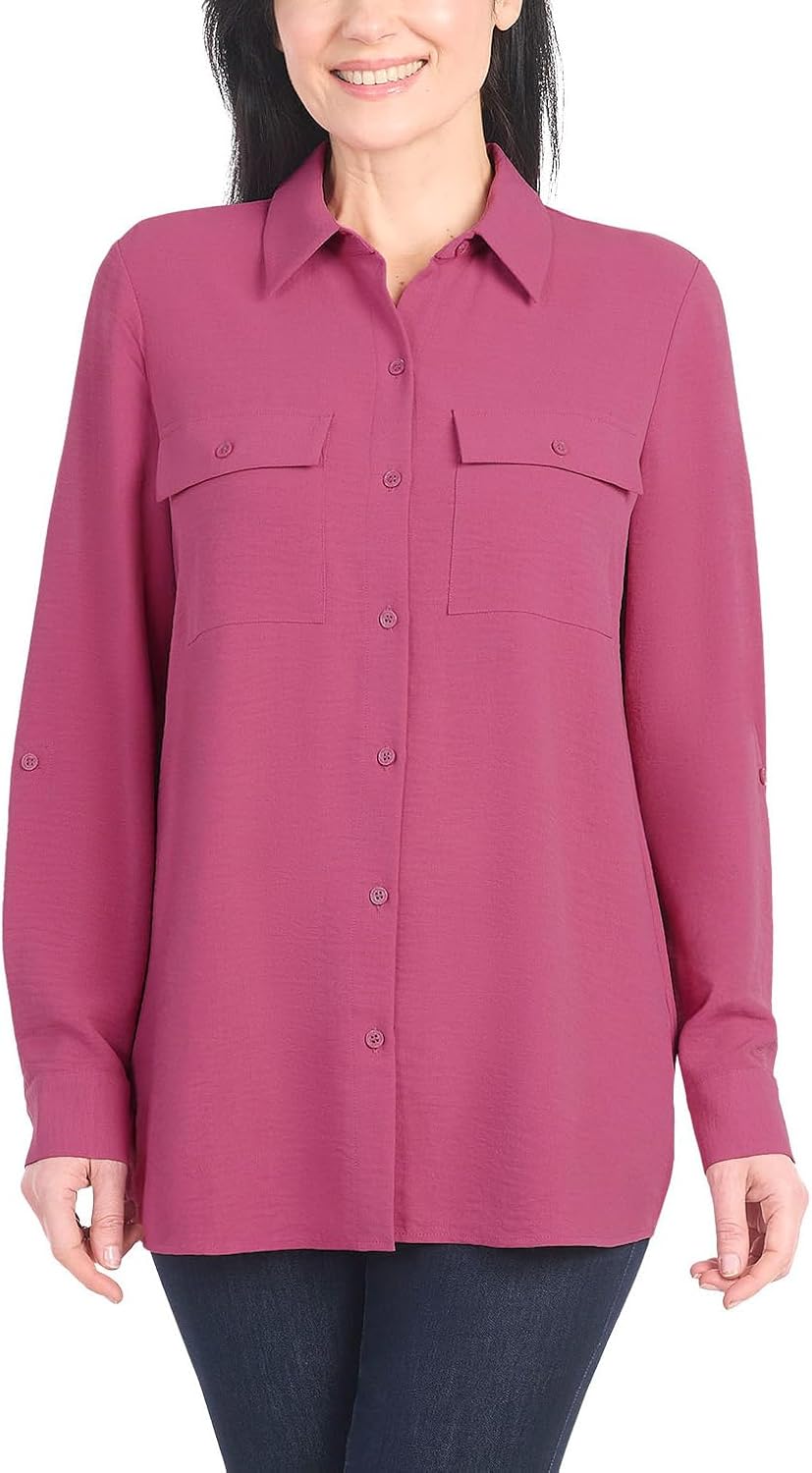 Hilary Radley Women's Roll Tab Sleeve Blouse, Button Down, Long Sleeve, Crinkle Top with Chest Pockets - Image 2