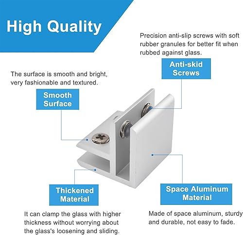 Miniatura 3 de Abrazadera de vidrio de aleación de aluminio, vidrio grueso de 0.197-0.315 in, 90 grados, plata