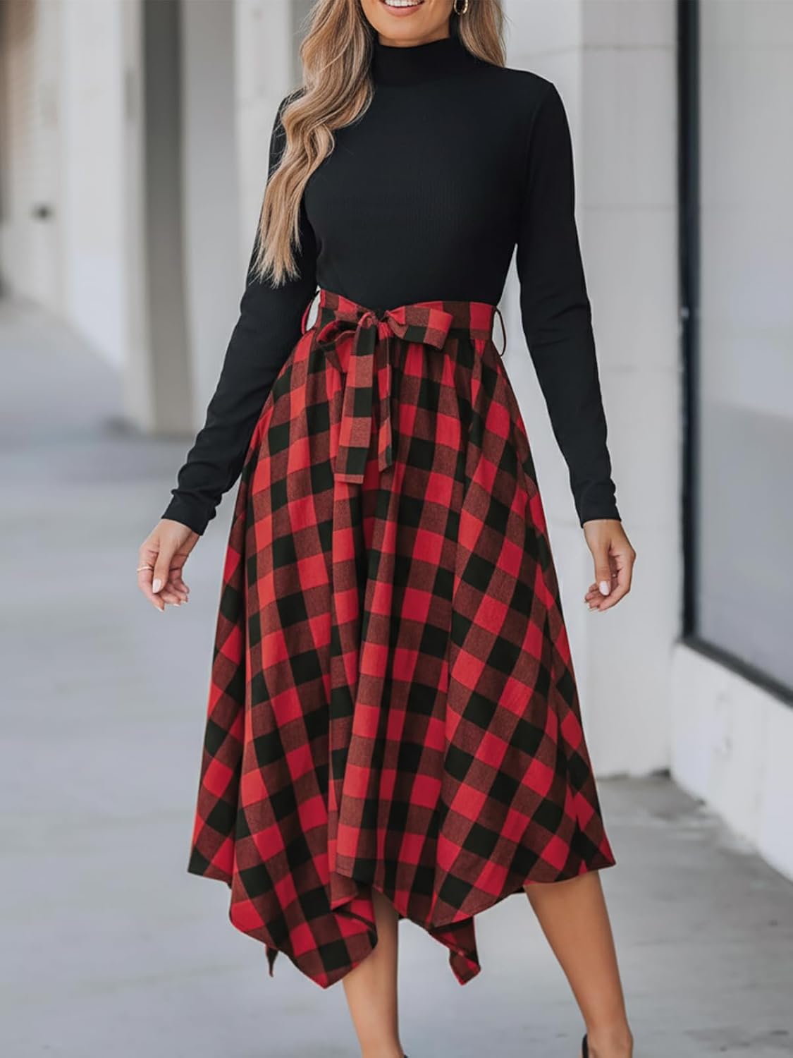 CUPSHE Womens Christmas Plaid Dress Holiday Long Sleeve Flowy Midi Dress Mock Neck Belted Dresses with Pockets - Image 7
