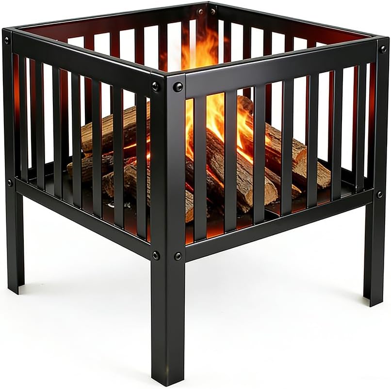 16-Inch Square Steel Fire Pit, Black, Portable and Durable for Backyard, Camping, Outdoor Gatherings